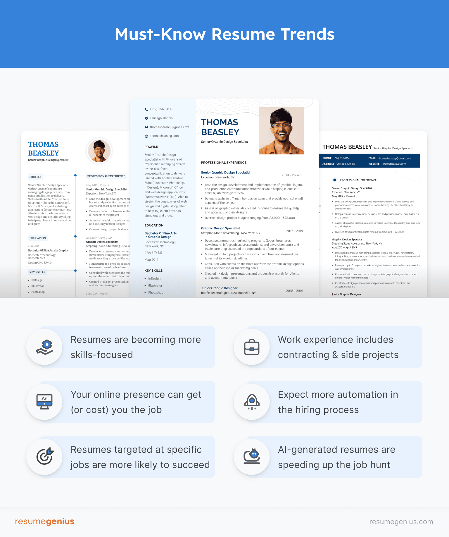 An graphic of a list of six resume trends at the bottom and a resume on the top