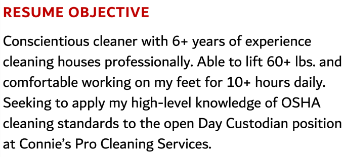 A custodian resume objective example with a red header and three sentences about the applicant's relevant cleaning experience and skills