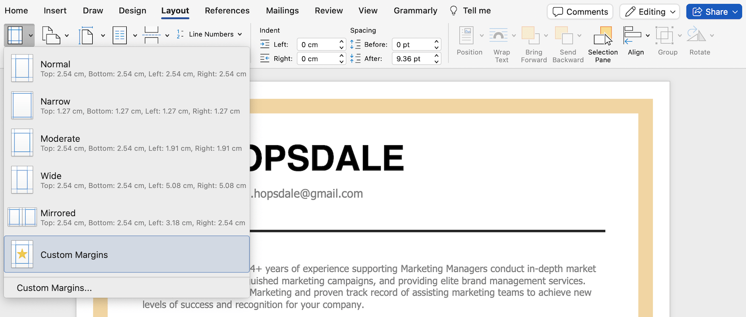 an image of custom margins selection in Microsoft Word