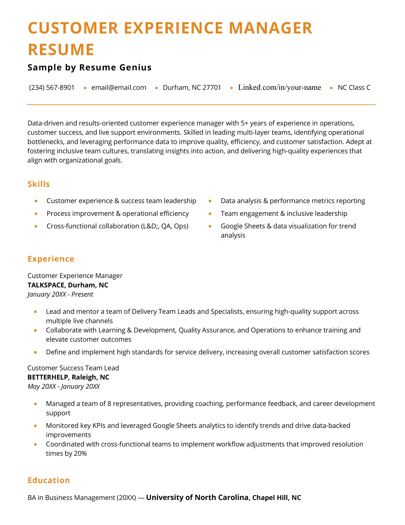 A customer experience manager resume example.