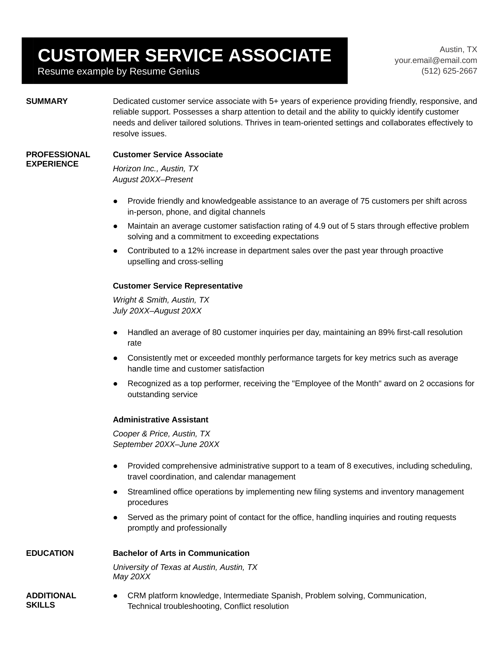 An example resume for a customer service associate. 