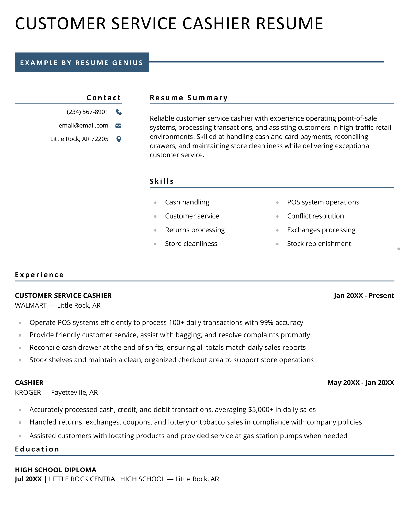 A customer service cashier resume example.