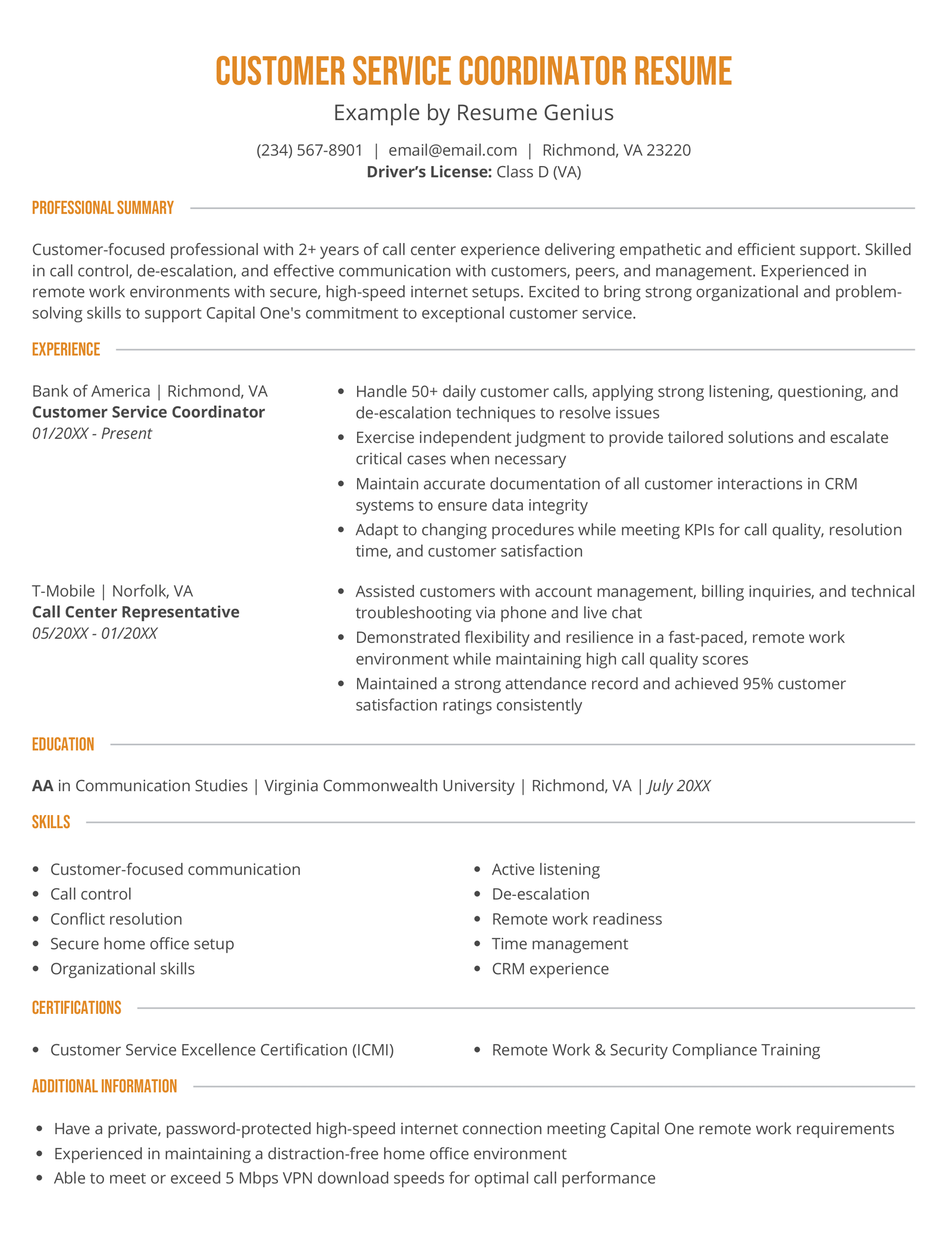 A customer service coordinator resume example.