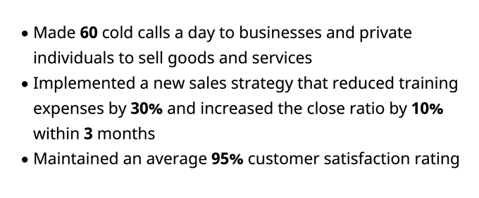 An example of achievements backed up with hard numbers in a bulleted list from a customer service cover letter example