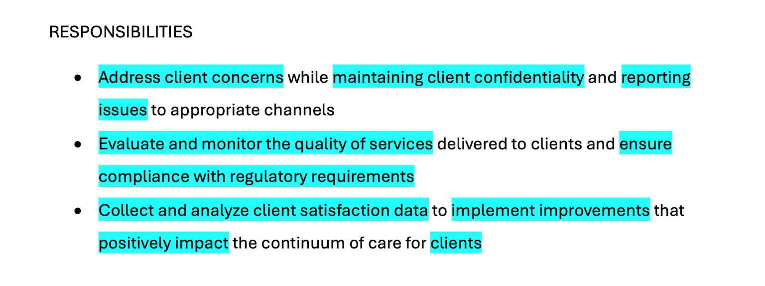 An example job description listing the responsibilities for a customer service job with keywords highlighted. 