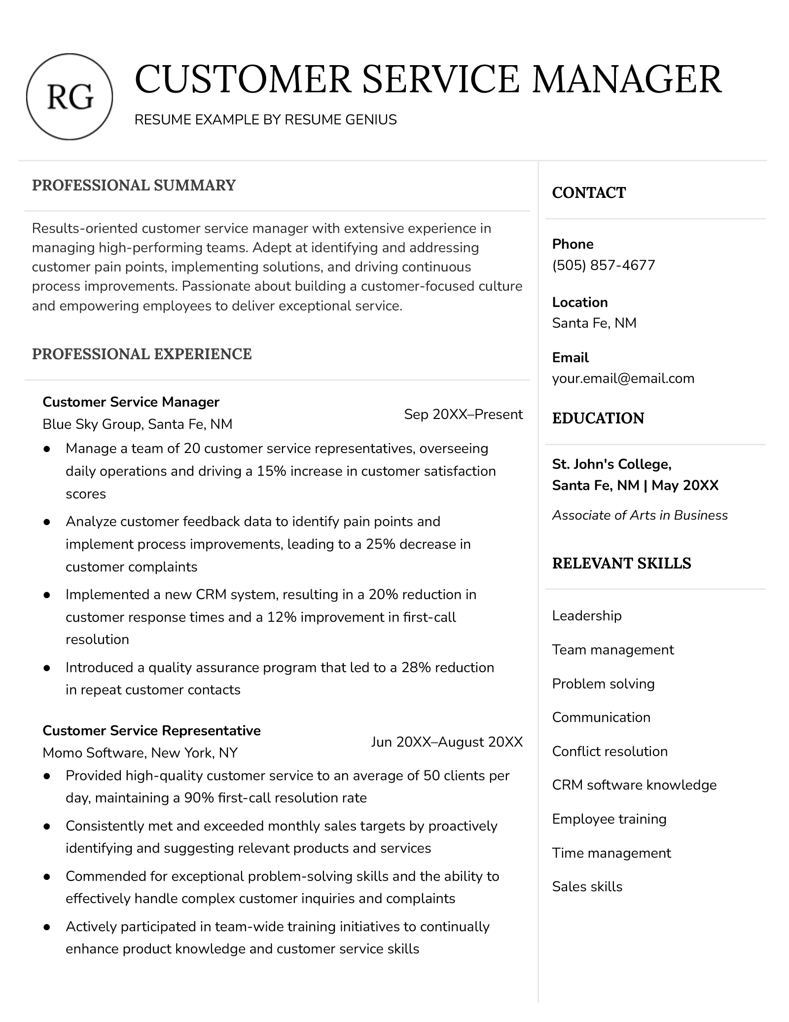 An example of a resume for a customer service manager.