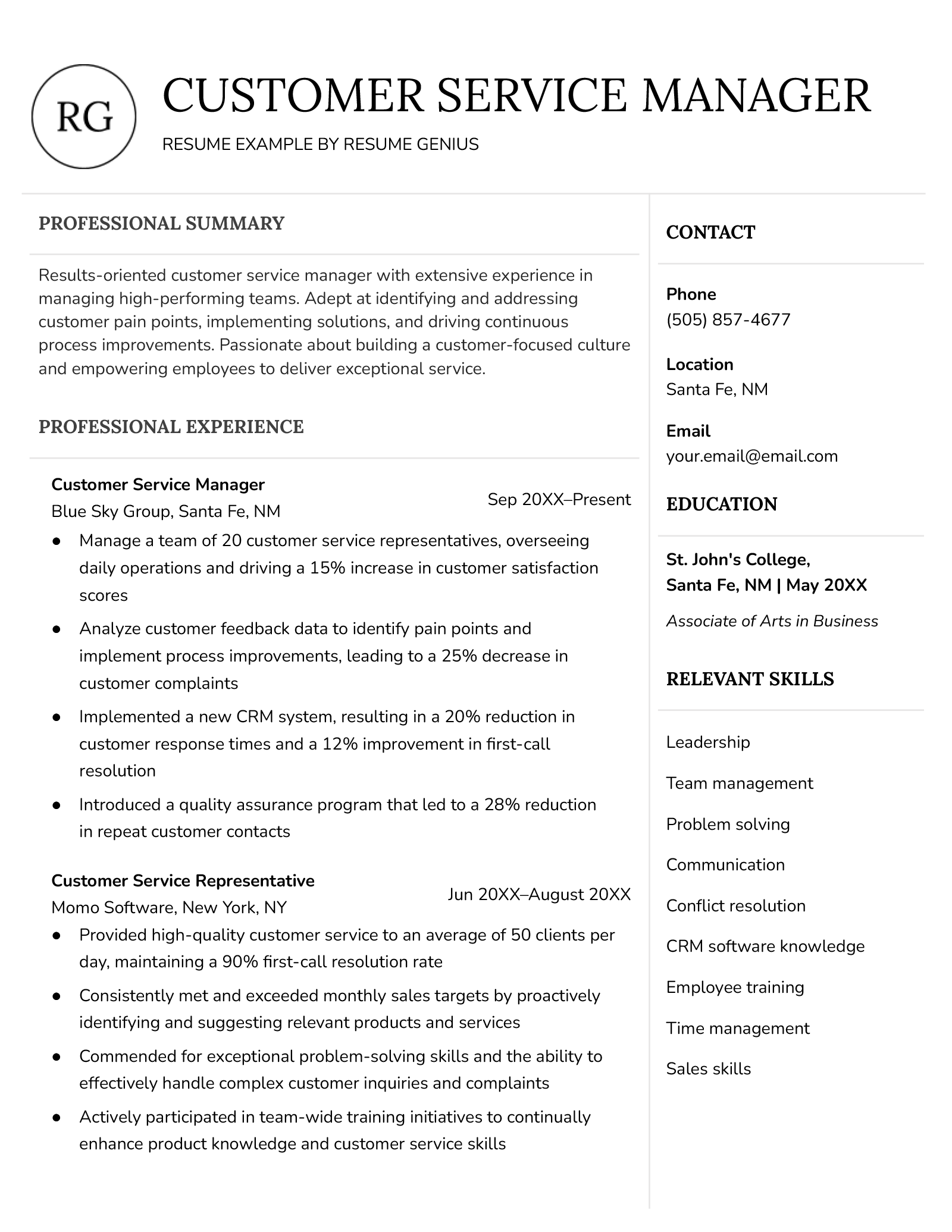 Resume template for a customer service manager with a sleek and sophisticated two-column design in black and white.