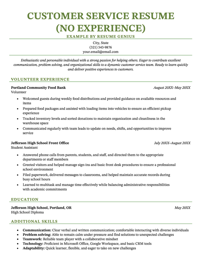 An example resume for a customer service role by a candidate with no experience.