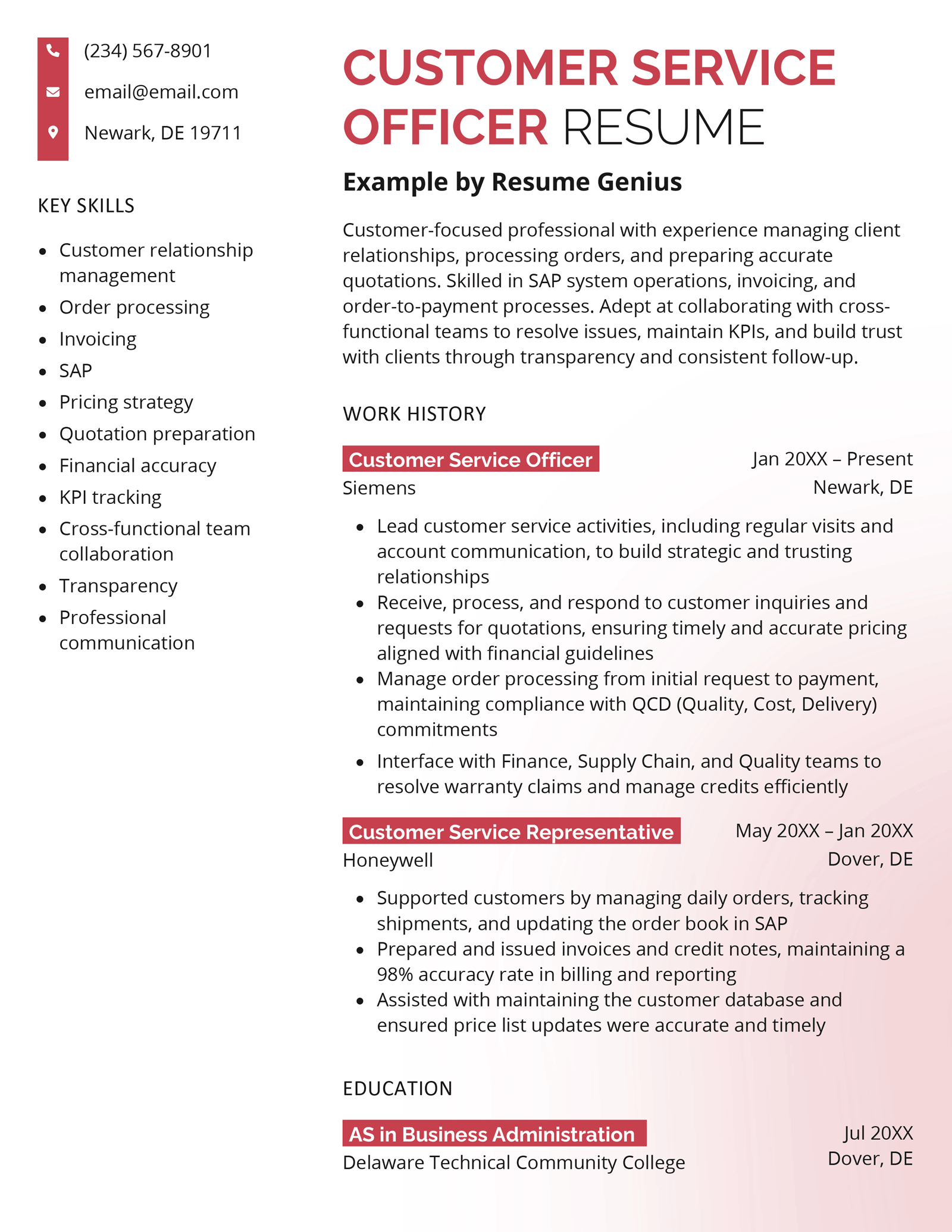 A customer service officer resume example.