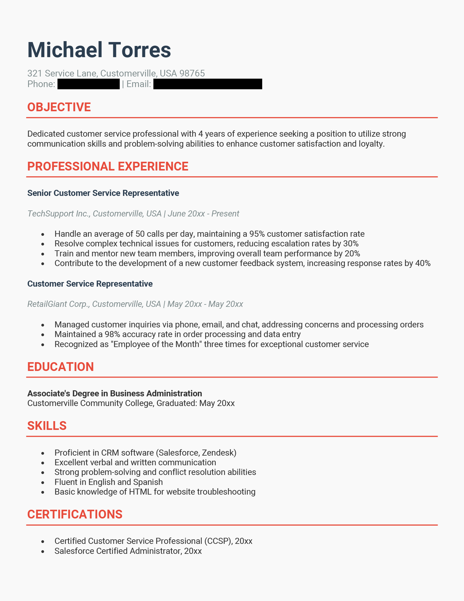 Example of a resume written for a customer service position