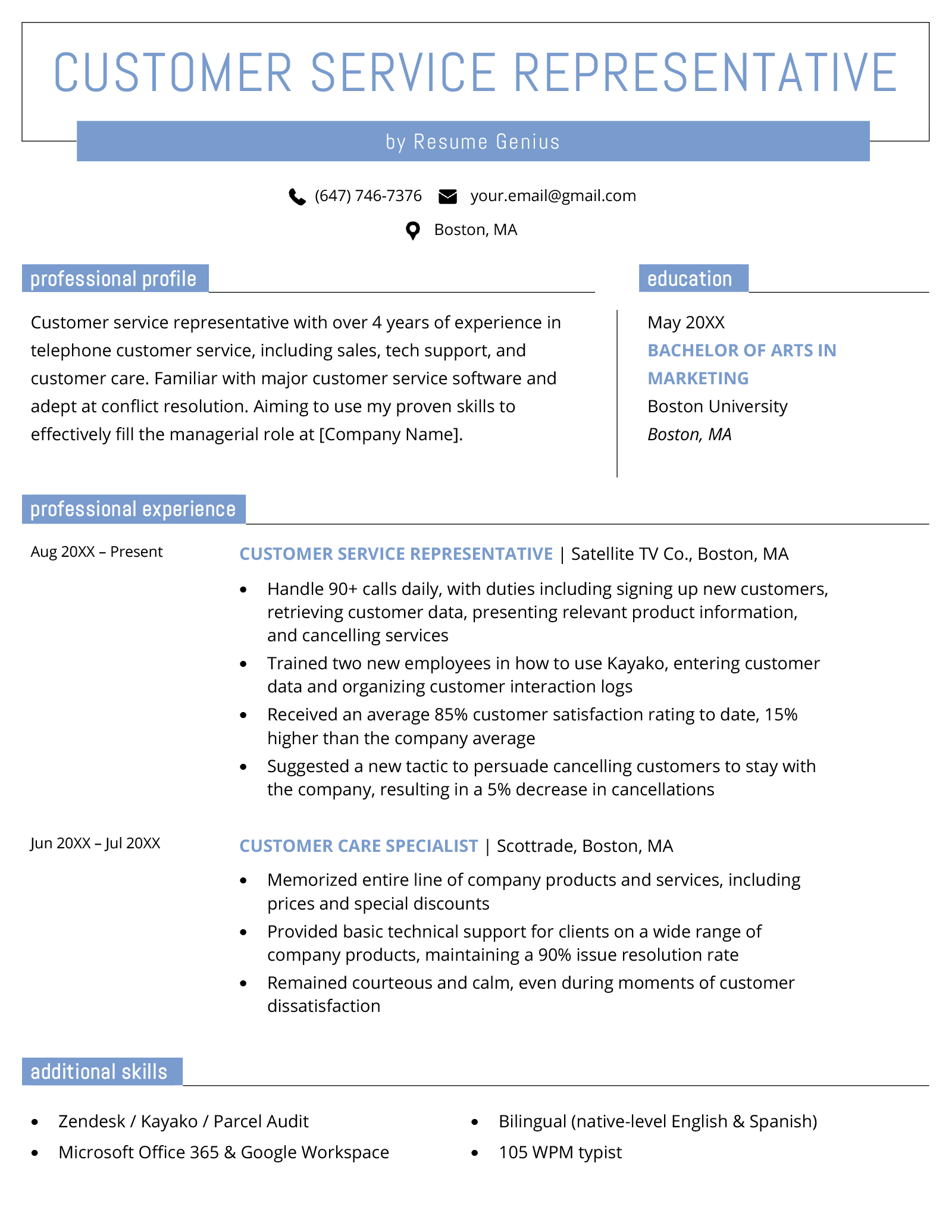 Customer service resume example that uses a more casual, blue resume design