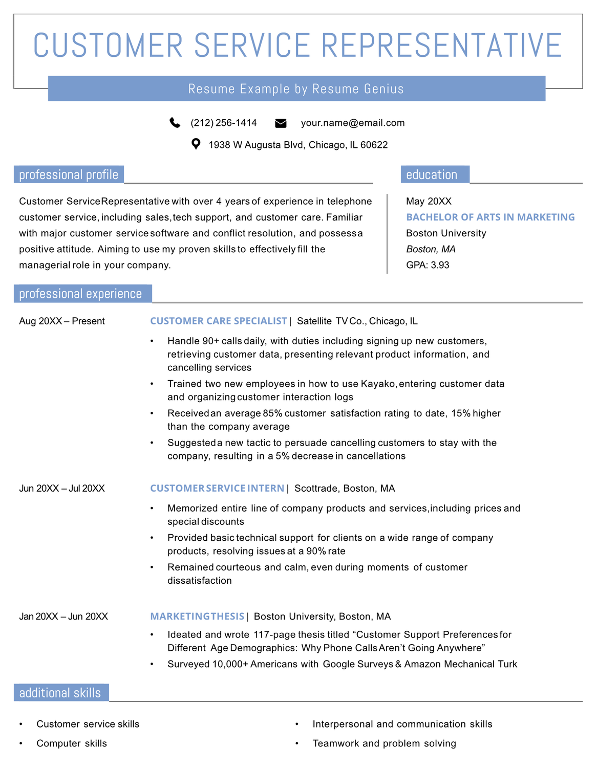 Customer service resume example that uses a more casual, blue resume design