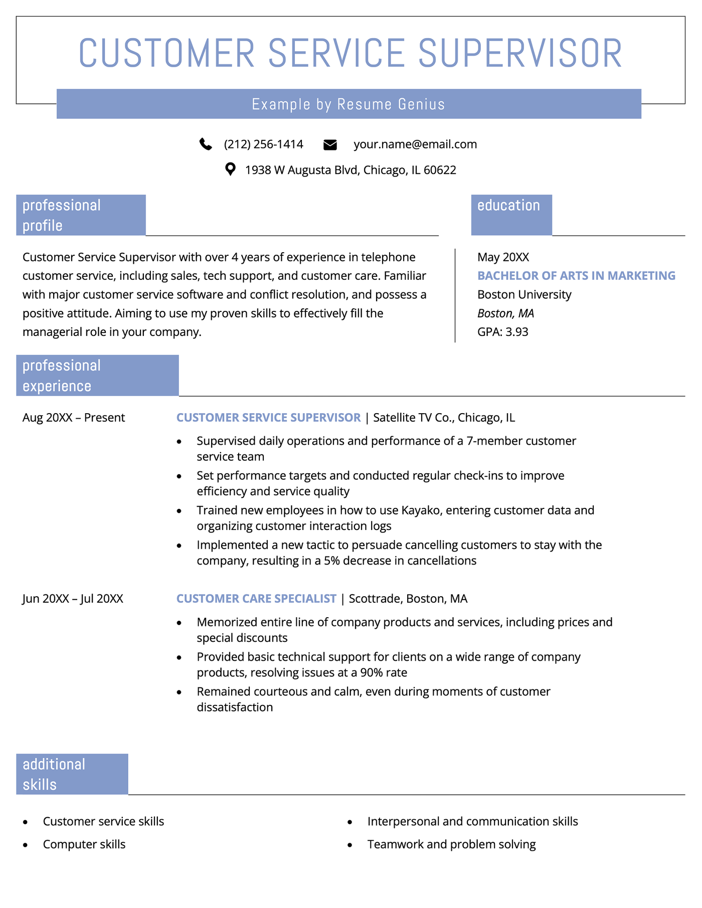 Customer service supervisor resume example that uses a more casual, blue resume design