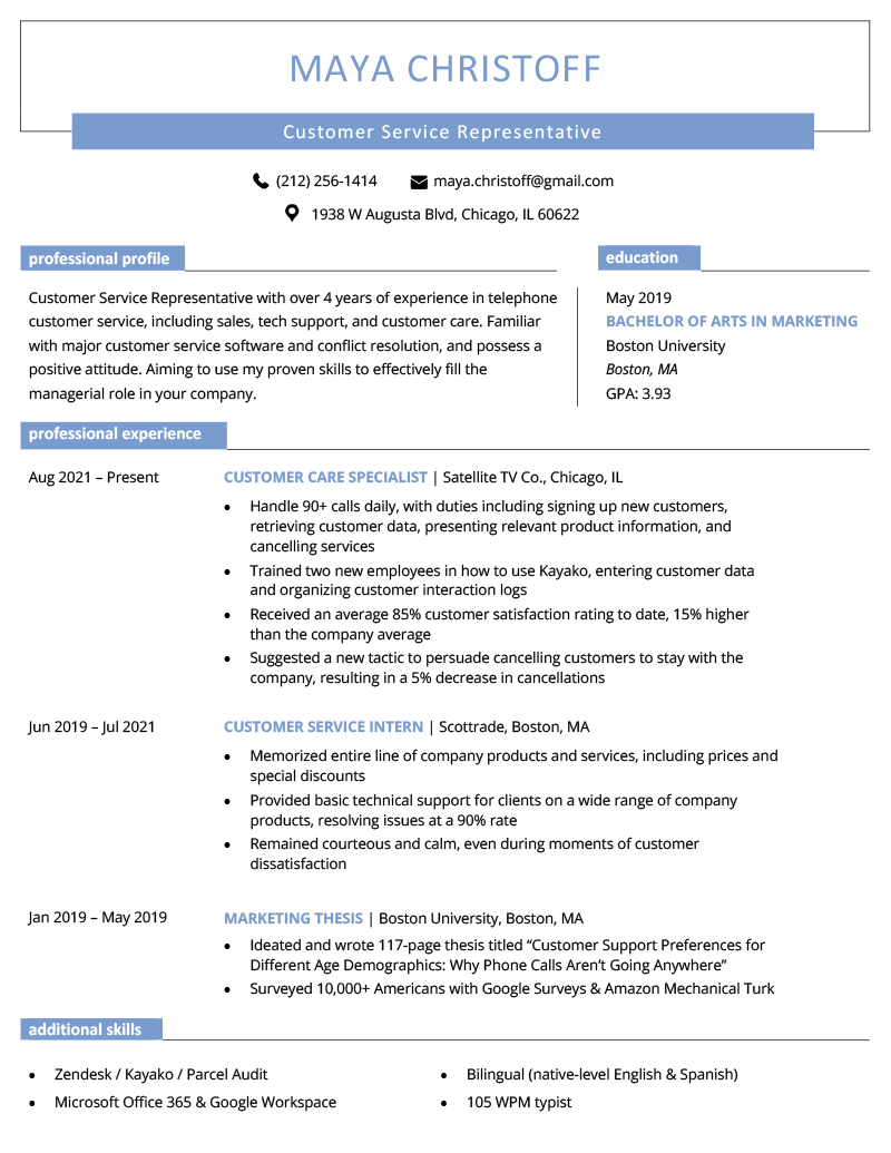 Customer service resume example featuring a modern-looking design and blue headers