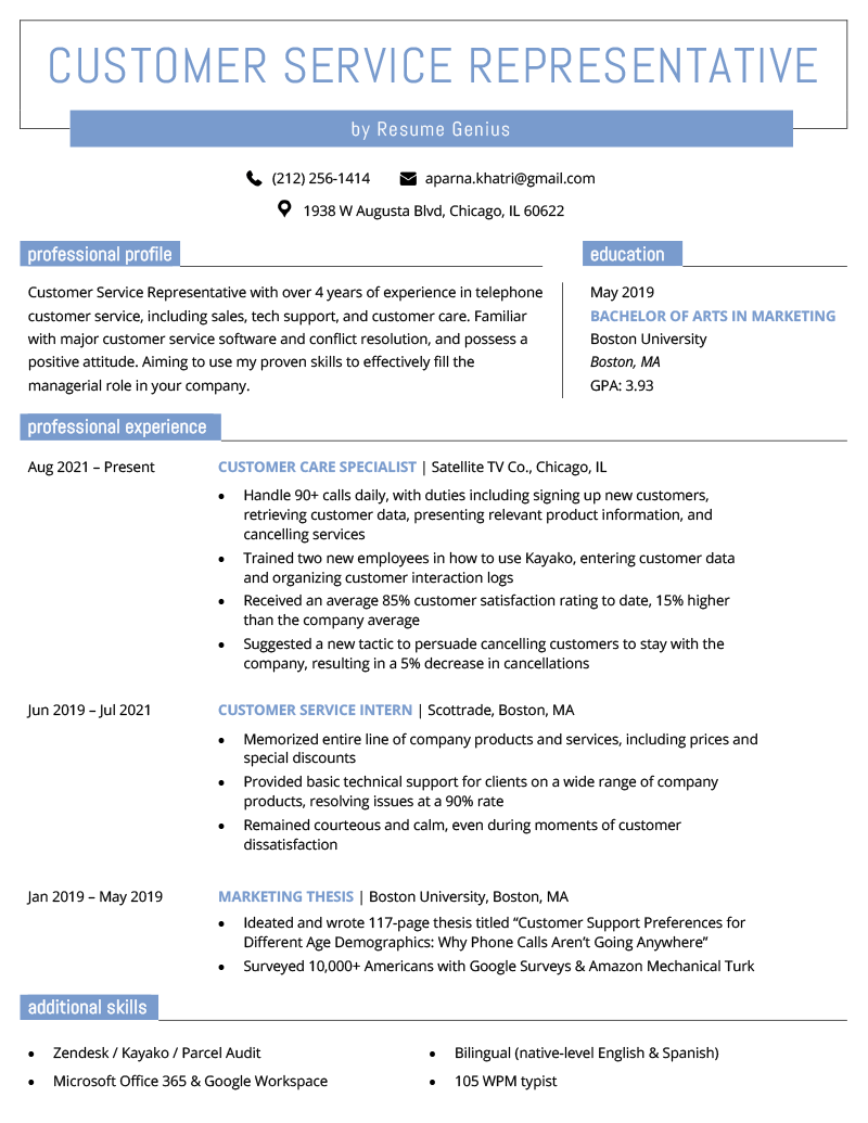 A blue customer service resume example, which illustrates how to write a generic customer service resume — otherwise, users can look at specific customer service resume examples.