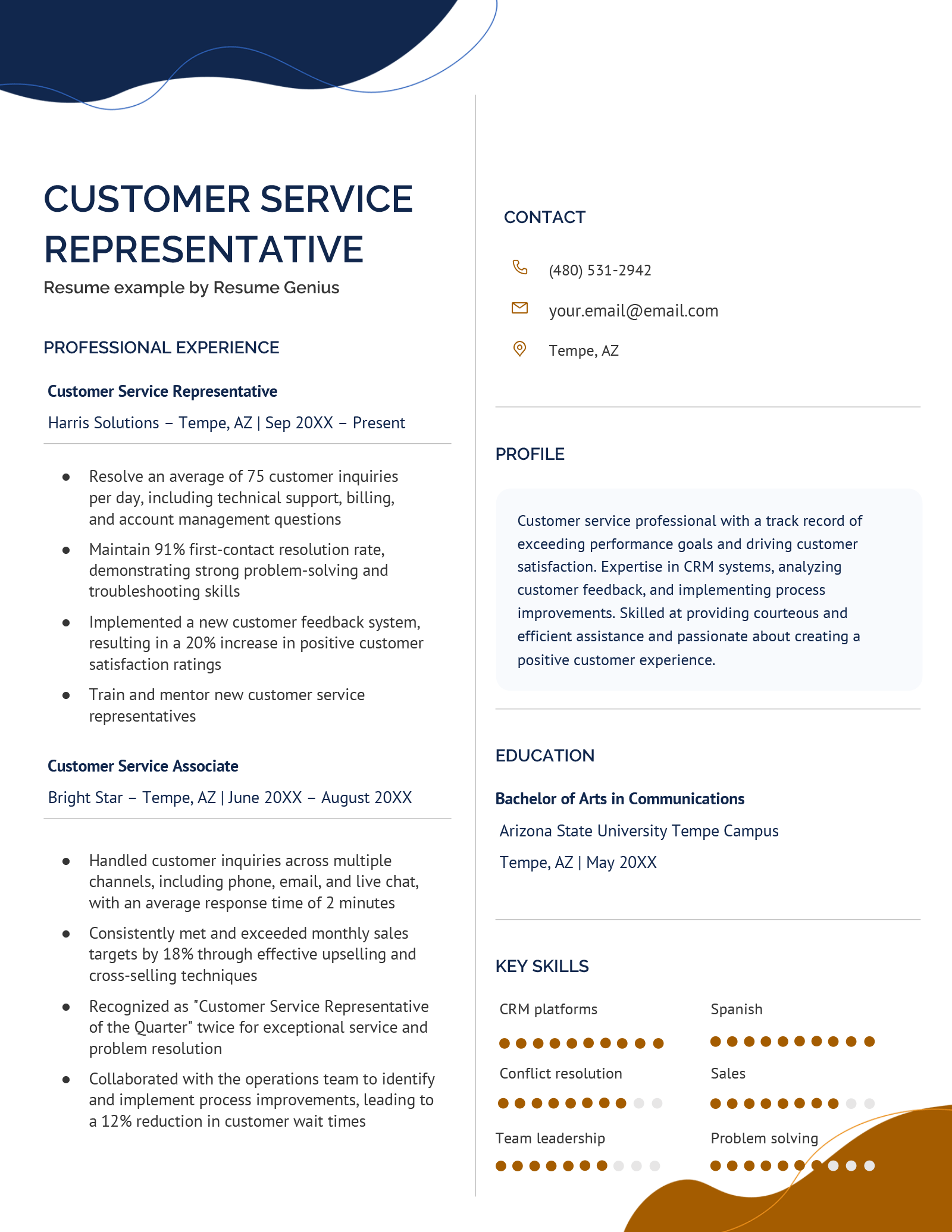 A customer service resume template that highlights the candidate's skills and experience, with a creative brown and blue design and skill bars.