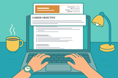 Illustration of a person writing a customer service resume objective on a laptop.
