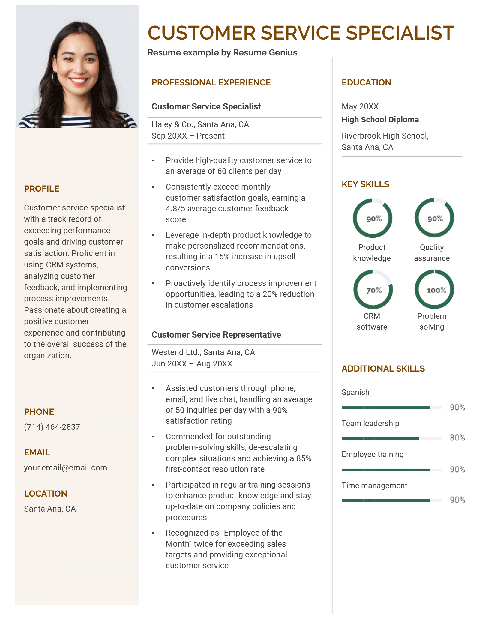An example resume for a customer service specialist. 