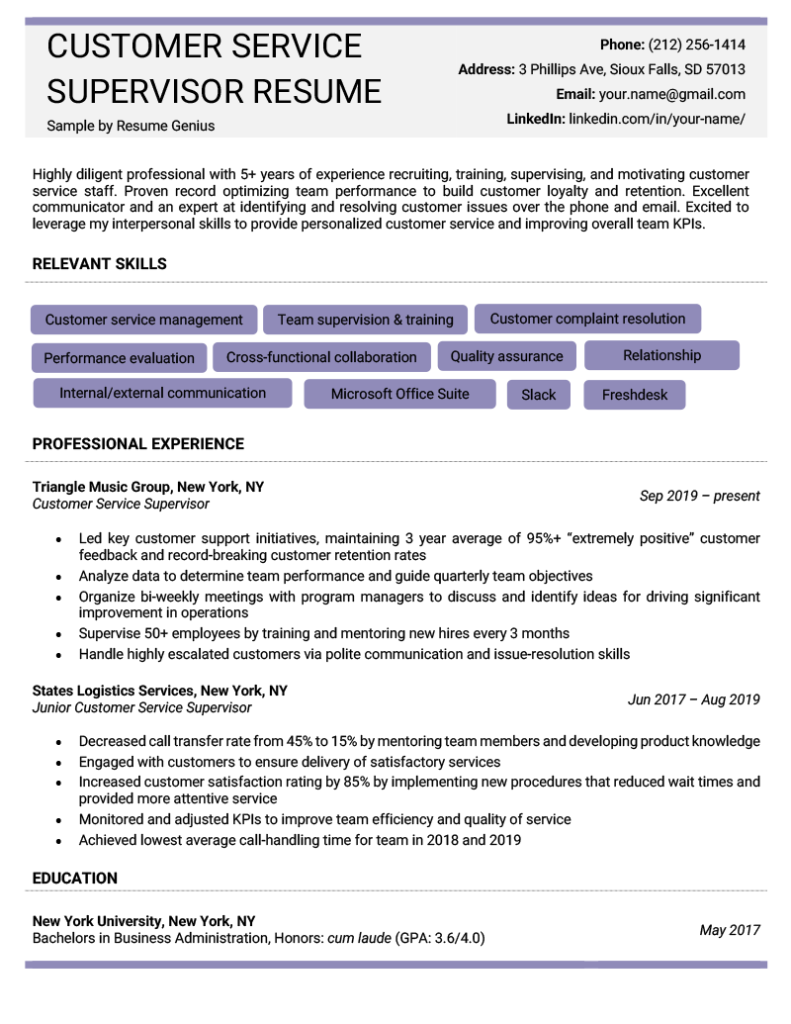 Food Service Supervisor Resume Objective Examples