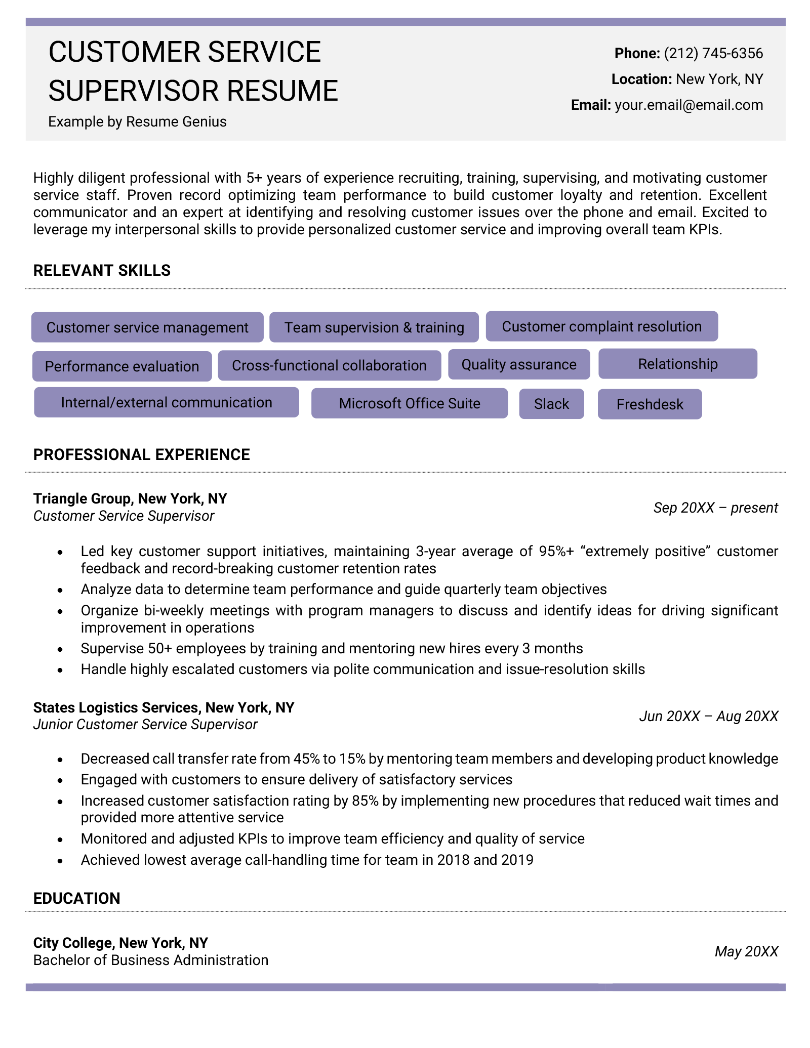 An example of a resume for a customer service supervisor. 