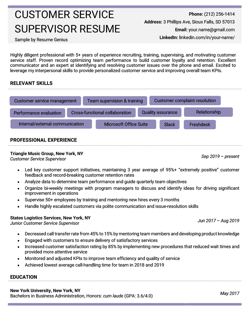 A customer service supervisor resume sample with a purple and gray header, purple rectangles highlighting the applicant's key skills, and work history and education sections.