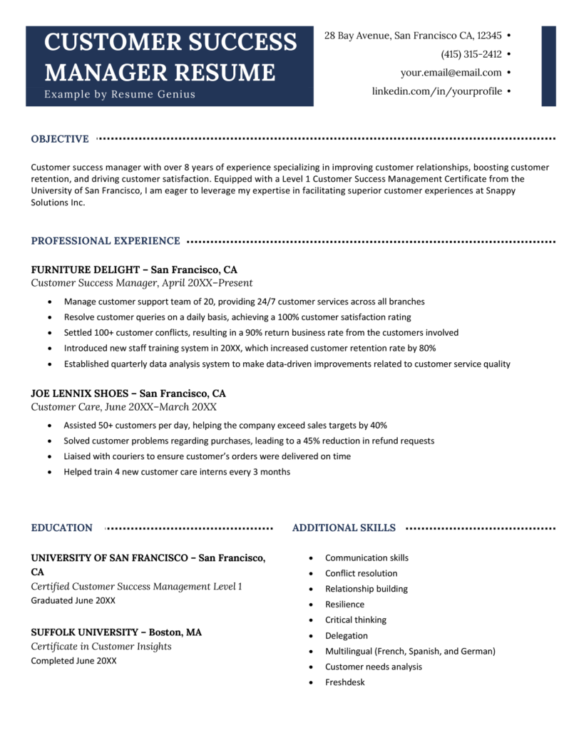 Customer Success Manager Resume Example & Free Download