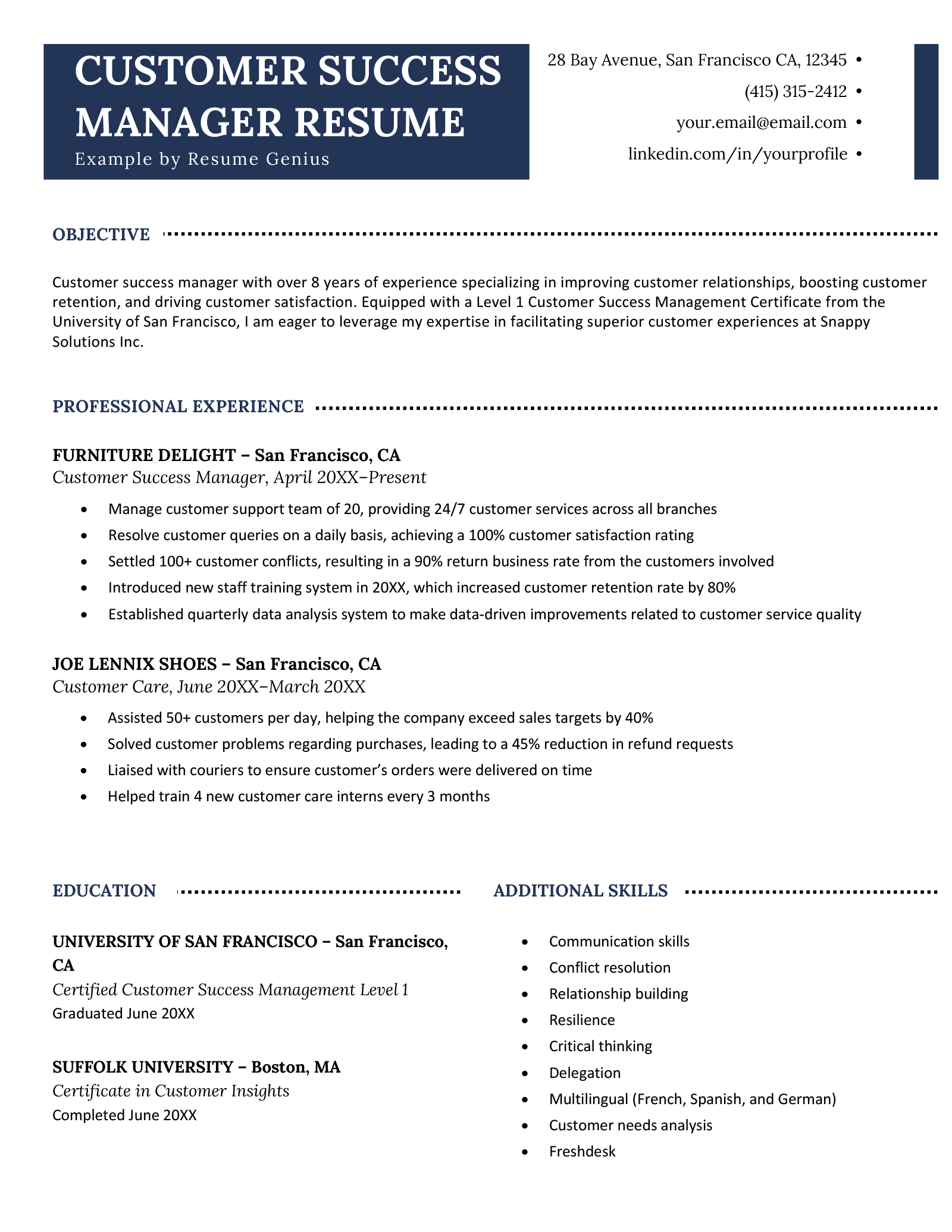 A customer success manager resume example on a template with a left-aligned dark blue header to accentuate the applicant's name and contact details