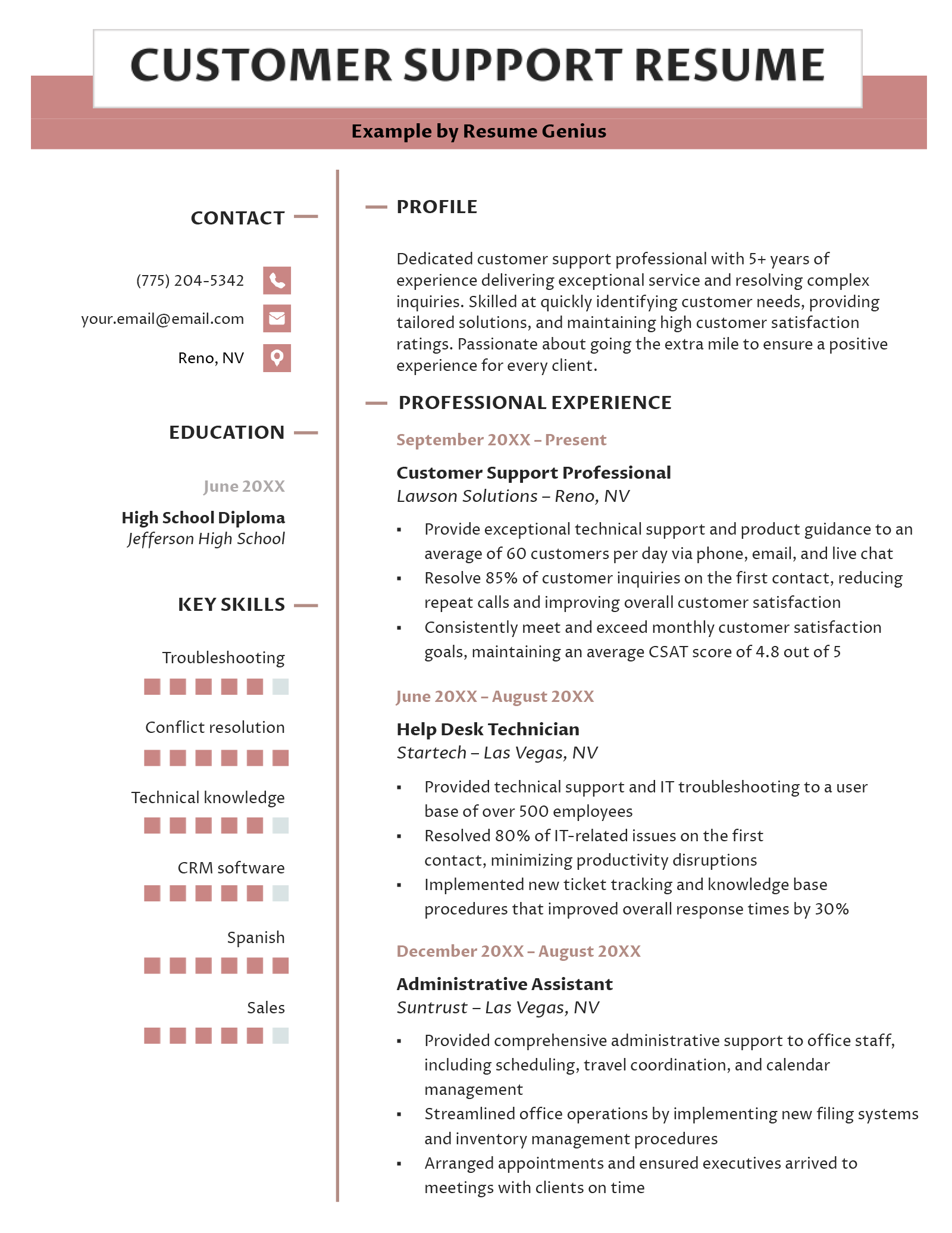 An example resume for a customer support professional.