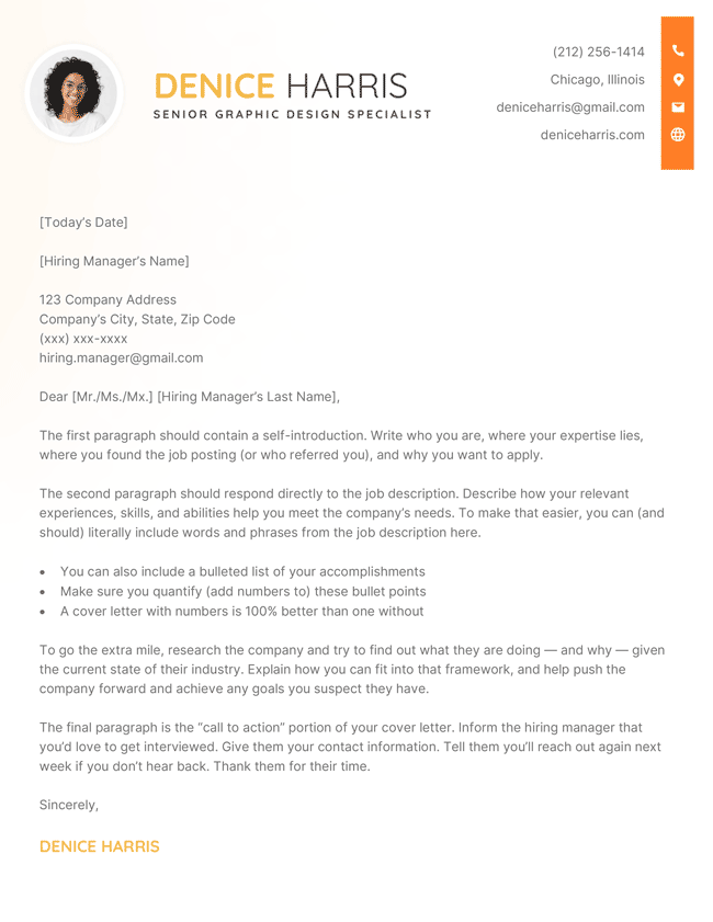 The Cute picture cover letter template in orange