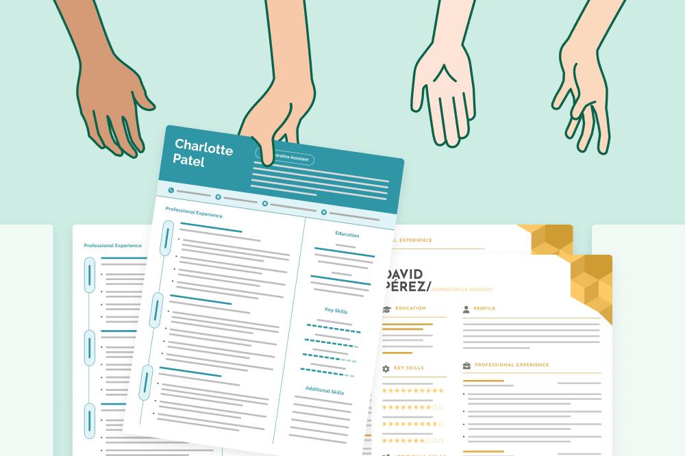 Several CV examples lined up with a variety of hands reaching down to select them. Each example uses a modern, colorful design.