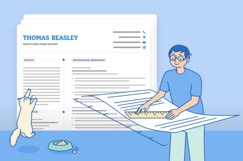 A graphic showing a man in a blue t-shirt measuring a CV page while standing next to a cute white cat.