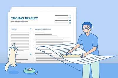 A graphic showing a man in a blue t-shirt measuring a CV page while standing next to a cute white cat.