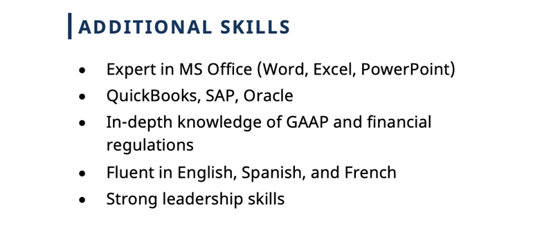 An example of how to format skills on a CV, listing them in well-organized bullet points
