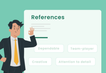 A graphic showing a man standing in front of a page that says "references".