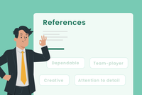 A graphic showing a woman standing in front of an example of a well-designed reference on a cv.