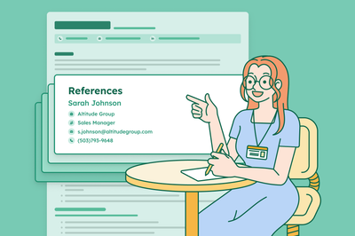 A graphic showing a woman standing in front of an example of a well-designed reference on a cv.
