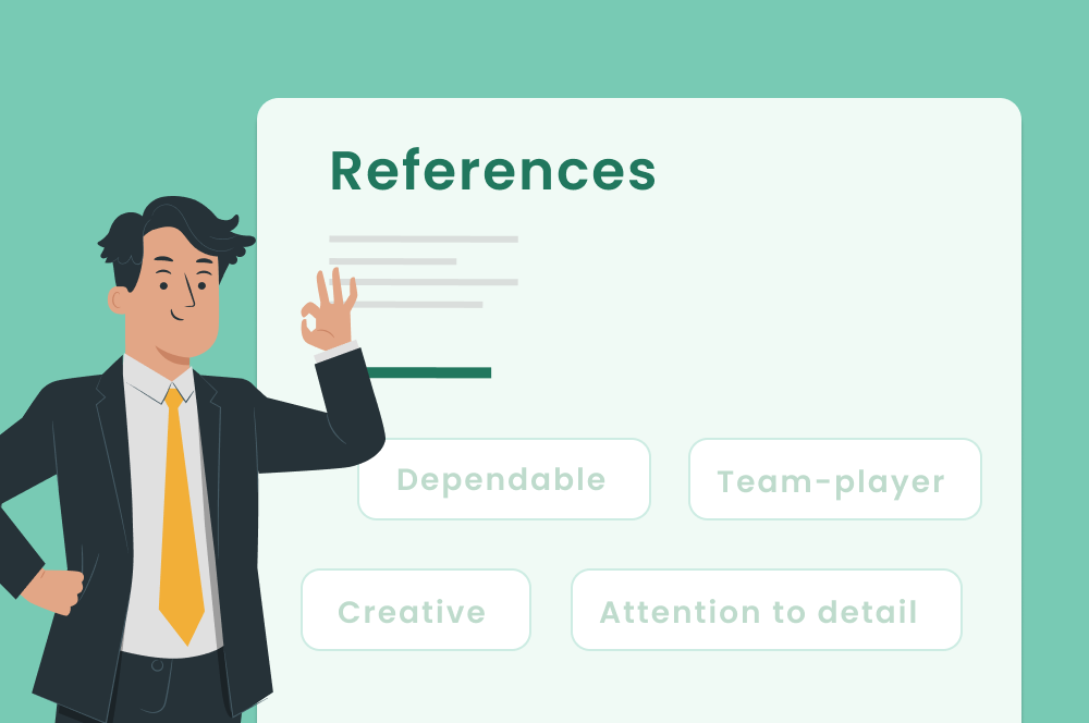 A graphic showing a woman standing in front of an example of a well-designed reference on a cv.