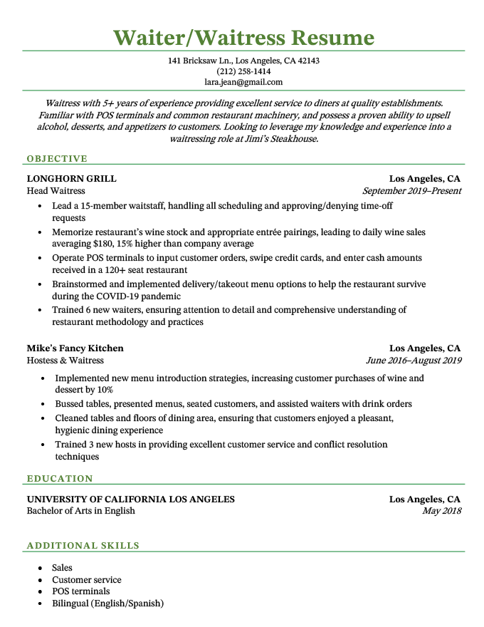 A an example of a waiter/waitress resume with a green header on a white background showcasing the candidate's work history, education, and skills