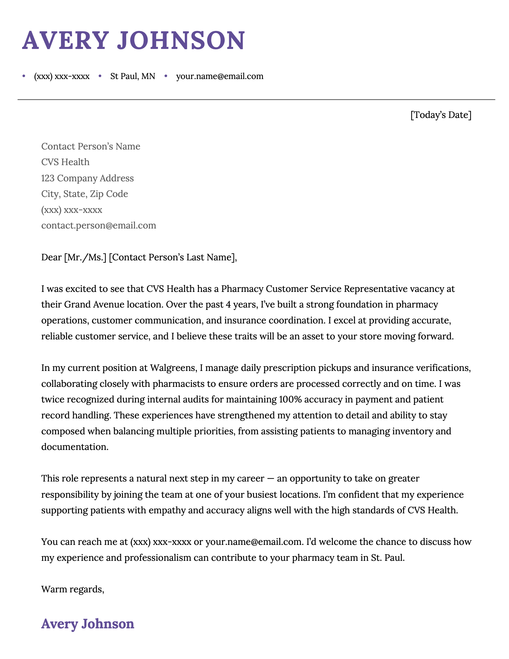 An example cover letter for a pharmacy customer service representative job at CVS Health.