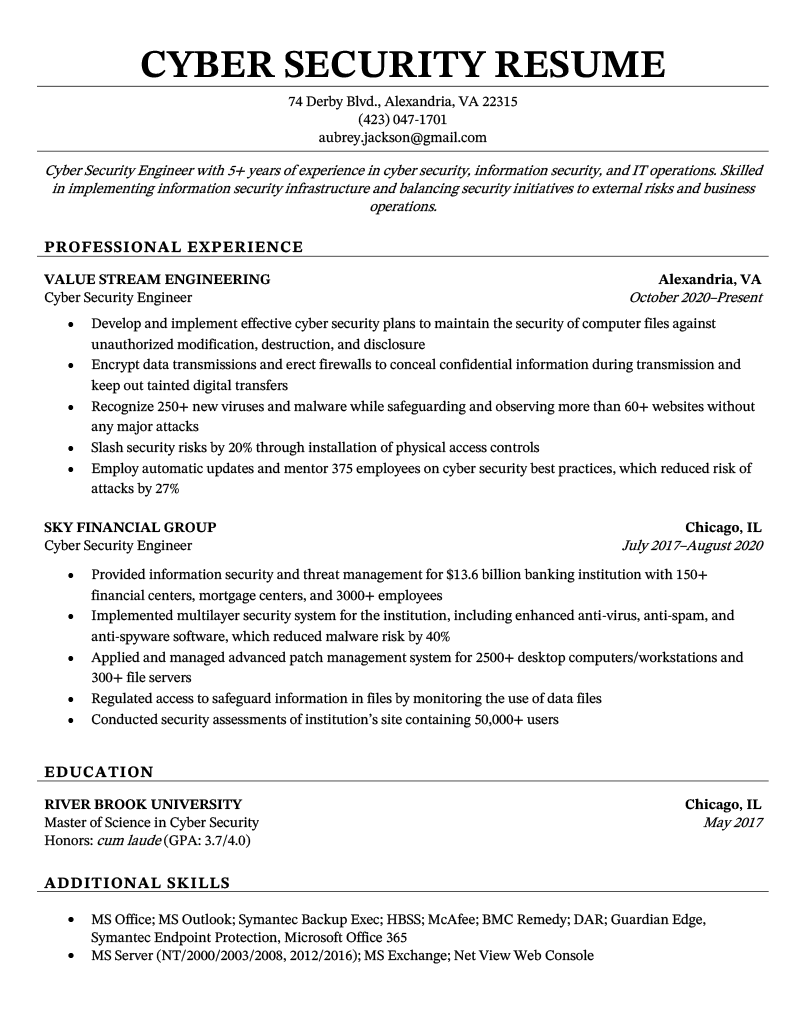 A cyber security resume that uses a classic resume template and layout in all black.