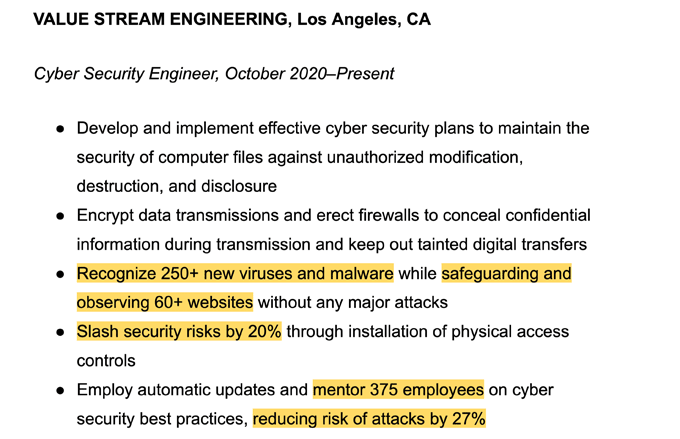 A screenshot of the work experience section of a cyber security resume with examples of quantifications highlighted.