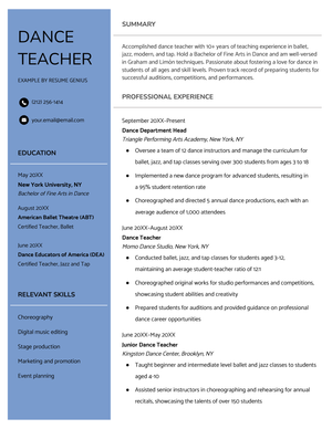 An example of a resume for a dance teacher