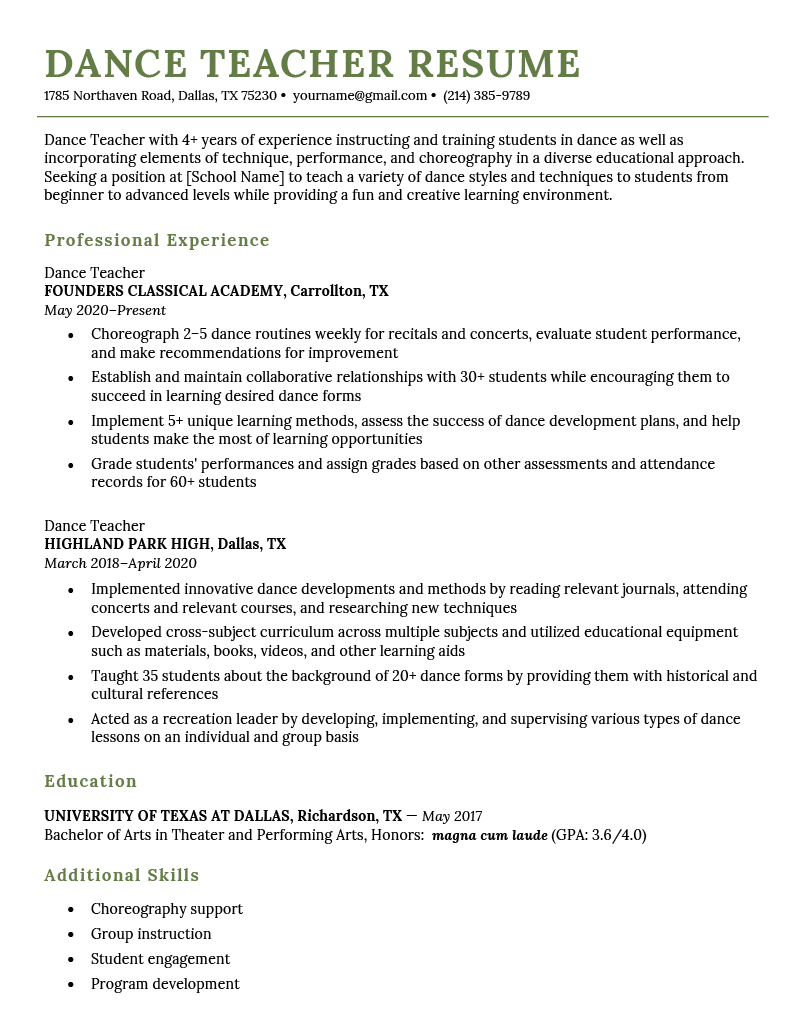 A dance teacher resume example with a green title, an objective, as well as professional experience, education and additional skills sections