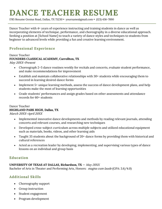 A dance teacher resume example with a green title, an objective, as well as professional experience, education and additional skills sections