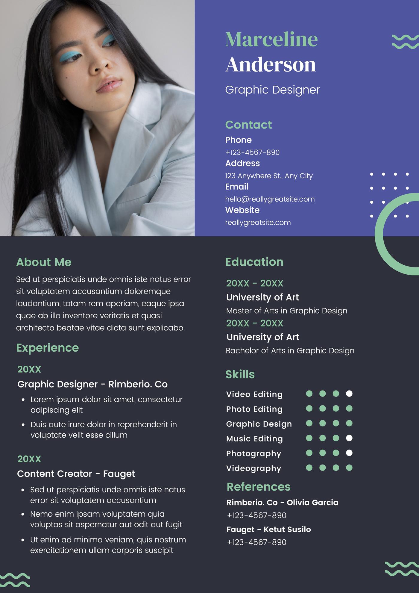 An infographic resume template with a dark background.