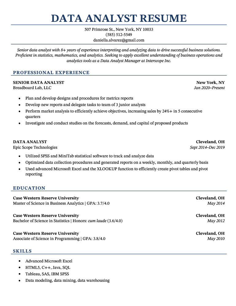 Example of a data analyst resume that uses a simple, single-column, chronological resume format in navy blue.