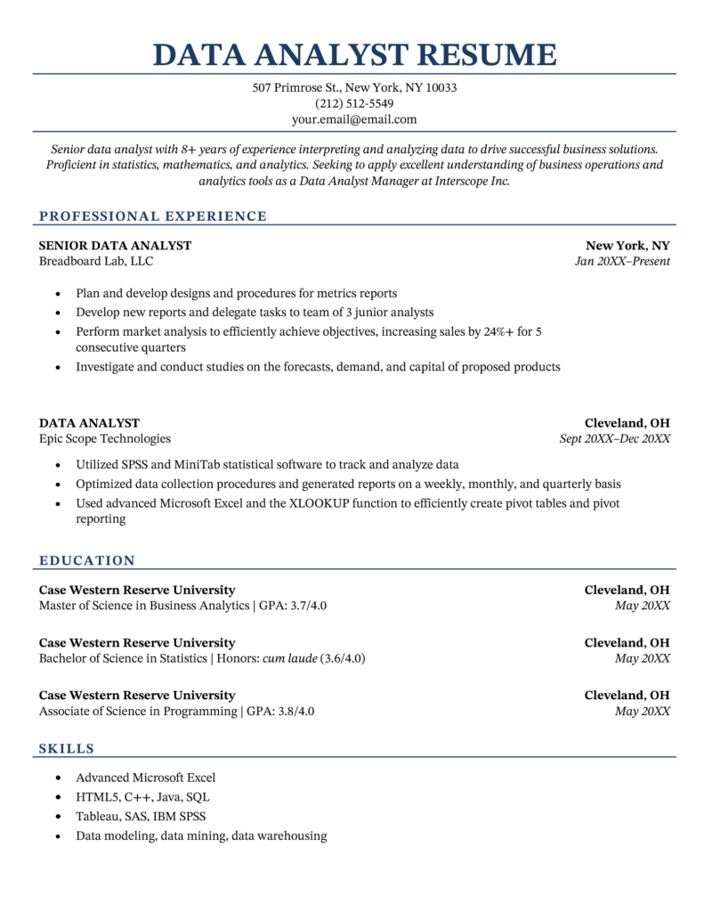 resume format for data analysis