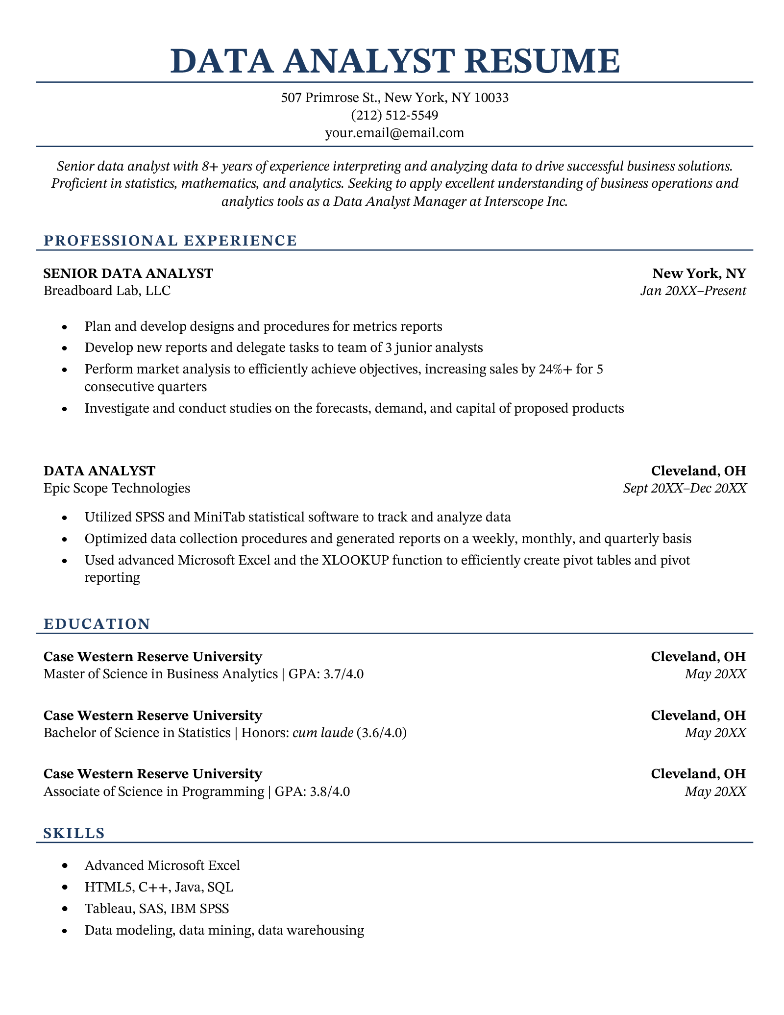 A data analyst resume example with a blue header and blue resume sections
