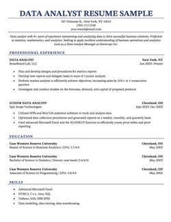 A data analyst resume example with a blue header and blue resume sections