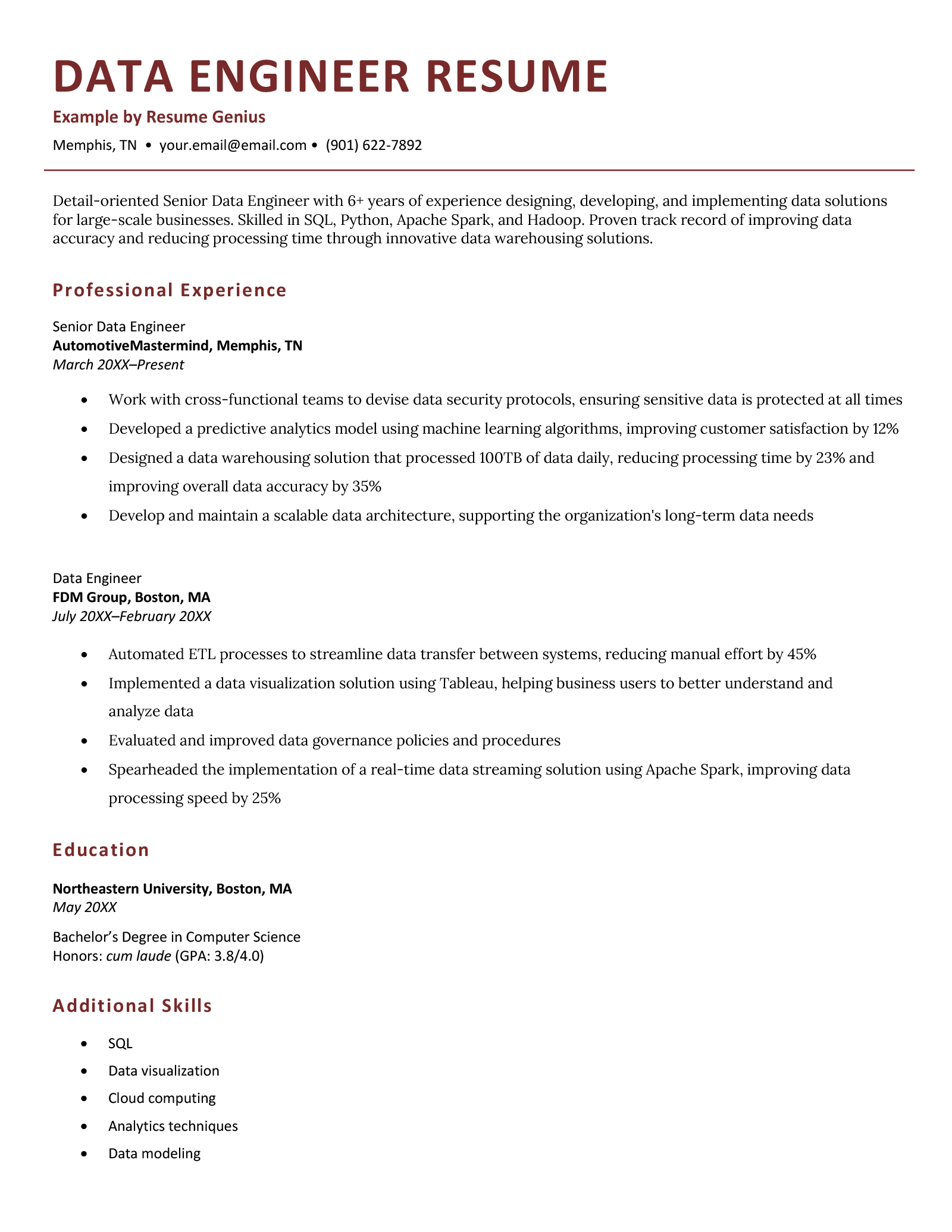 A data engineer resume sample on a simple, professional-looking template with each resume section header highlighted in red text.